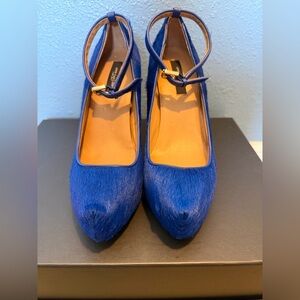 Ann Taylor Platform Wedge Heels Blue Haircalf Leather Ankle Strap Buckle 7M